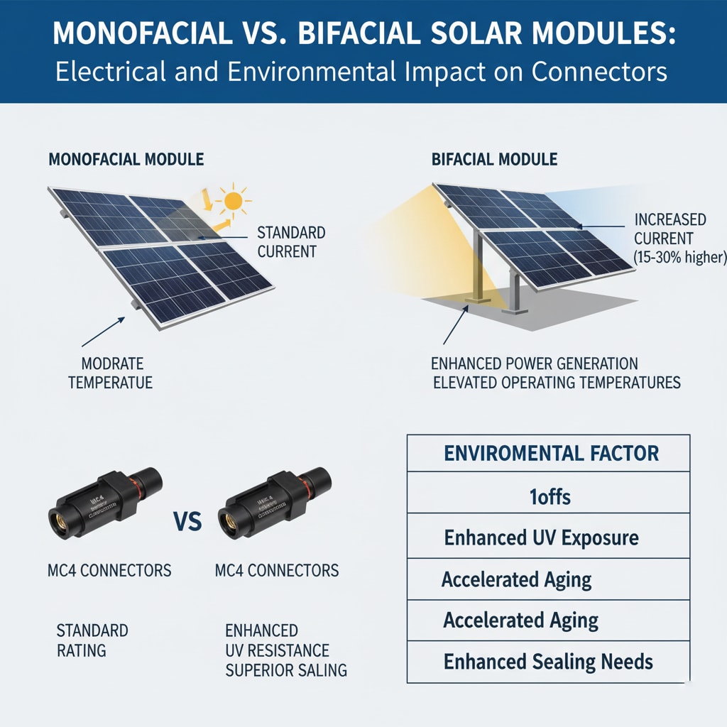 Monofacijalni naspram bifacijalnih solarnih modula: dijagram električnog i utjecaja na okoliš na priključke, uspoređujući postavke "Monofacijalni modul" i "Bifacijalni modul". Monofacijalni modul prikazuje "STANDARDNU STRUJU" i "UMJERENU TEMPERATURU". Bifacialni modul, koji prima sunčevu svjetlost s obje strane, ilustrira "POVEĆANU STRUJU (15-30% višu)" i "POVEĆANU PROIZVODNJU ENERGIJE, POVISENE RADNE TEMPERATURE." Ispod modula kontrastiraju se "MC4 konektori": standardni za monofacijske nasuprot onima s "POVEĆANOM OTPORNOŠĆU NA UV ZRAKE, VRHUNSKIM ZATVARANJEM" za bifacijske. U tablici su navedeni "OKOLIŠNI ČIMBENICI" koji utječu na konektore u ovim sustavima.