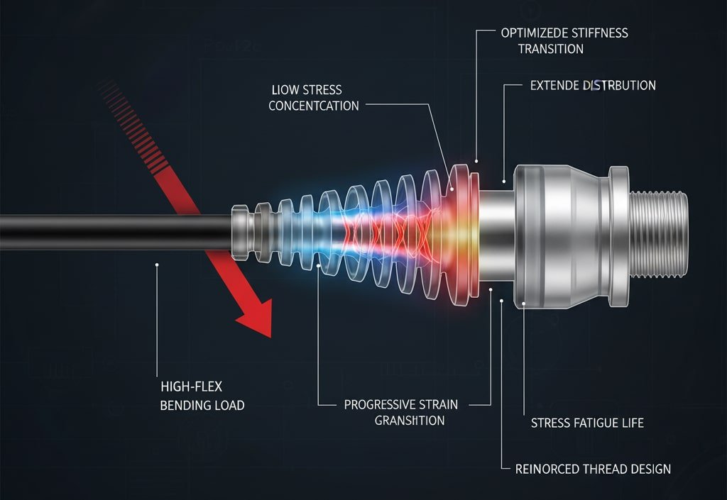 A technical illustration of a "HIGH-FLEX CABLE GLAND: Engineered for Extreme Bend Fatigue," showing a cutaway view of a cable entering a gland. Red arrows and a glowing effect indicate a "HIGH-FLEX BENDING LOAD" on the cable, which is then dissipated by the gland's internal design, including "OPTIMIZED STIFFNESS TRANSITION," "EXTENDED DISTRIBUTION," "LOW STRESS CONCENTRATION," "PROGRESSIVE STRAIN TRANSITION," "STRESS FATIGUE LIFE," and "REINFORCED THREAD DESIGN." The background is a dark blueprint-like pattern.