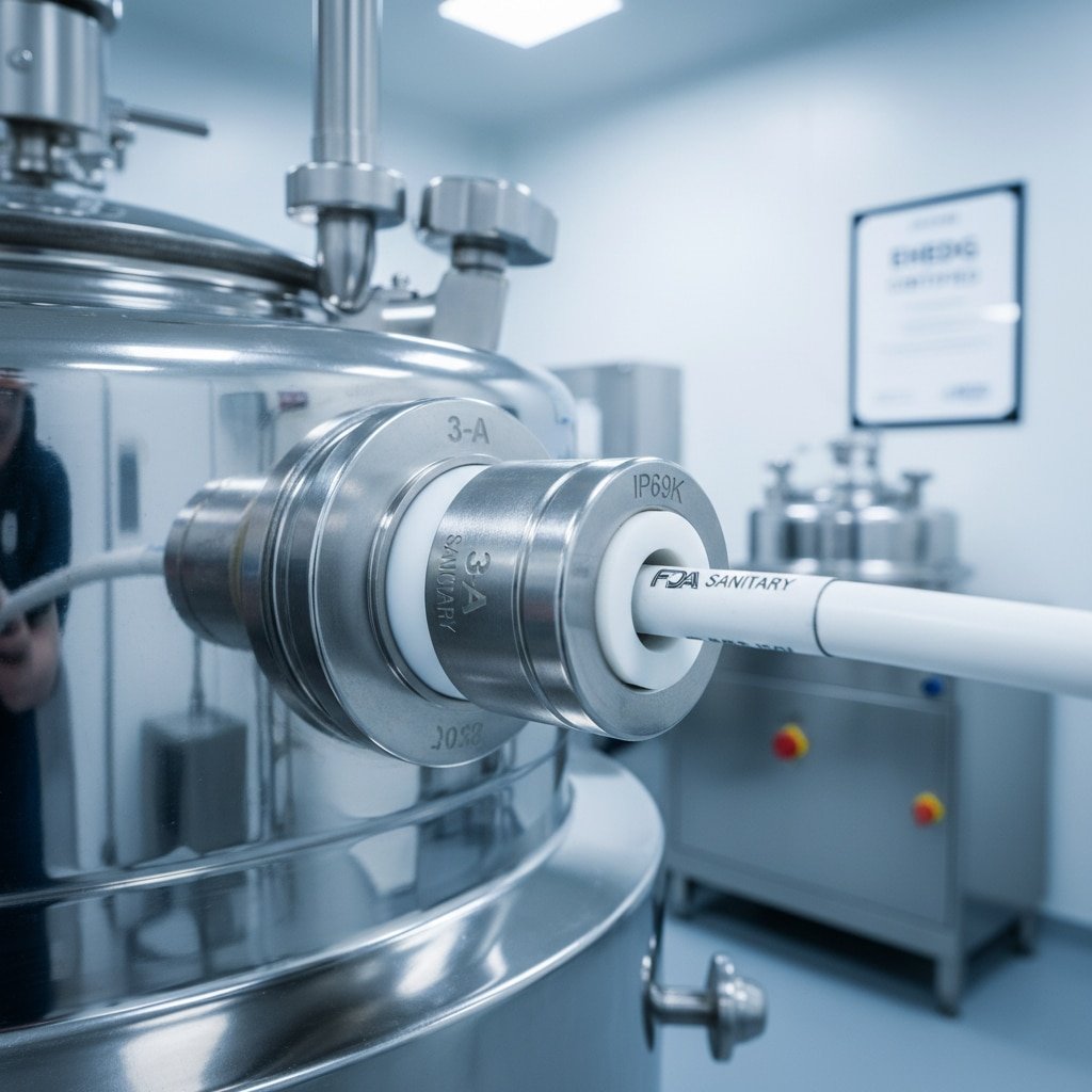 Közelkép egy élelmiszeripari minőségű, 316L rozsdamentes acélból készült, FDA egészségügyi és IP69K jelöléssel ellátott kábelvezető tömítésről, amely egy fehér kábelt rögzít egy steril élelmiszer-előállító létesítményben lévő feldolgozó berendezésbe. A kép kiemeli az élelmiszer-feldolgozási alkalmazásokban a higiénia és a biztonság biztosításához szükséges kritikus anyag- és tanúsítási követelményeket.