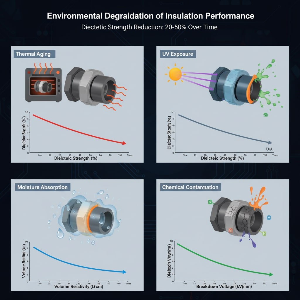 Infografis empat panel berjudul "Degradasi Lingkungan terhadap Kinerja Insulasi" menggambarkan bagaimana berbagai faktor lingkungan memengaruhi kekuatan dielektrik. Panel kiri atas menunjukkan "Penuaan Termal" dengan kelenjar kabel di dalam oven dan grafik menurun. Panel kanan atas menggambarkan "Paparan Sinar UV" dengan sinar matahari yang mempengaruhi kelenjar kabel, juga dengan grafik menurun. Kiri bawah menunjukkan "Penyerapan Kelembaban" dengan tetesan air dan grafik yang mengilustrasikan efeknya. Panel kanan bawah menampilkan "Kontaminasi Kimia" yang berdampak pada kelenjar kabel yang retak dan grafik menurun yang sesuai. Setiap panel mencakup grafik yang menunjukkan pengurangan kekuatan dielektrik atau resistivitas volume dari waktu ke waktu karena tekanan lingkungan masing-masing, dengan pesan keseluruhan "Pengurangan Kekuatan Dielektrik: 20-50% dari Waktu ke Waktu." Gambar ini secara visual menjelaskan bagaimana faktor lingkungan yang kritis menurunkan kinerja insulasi listrik.