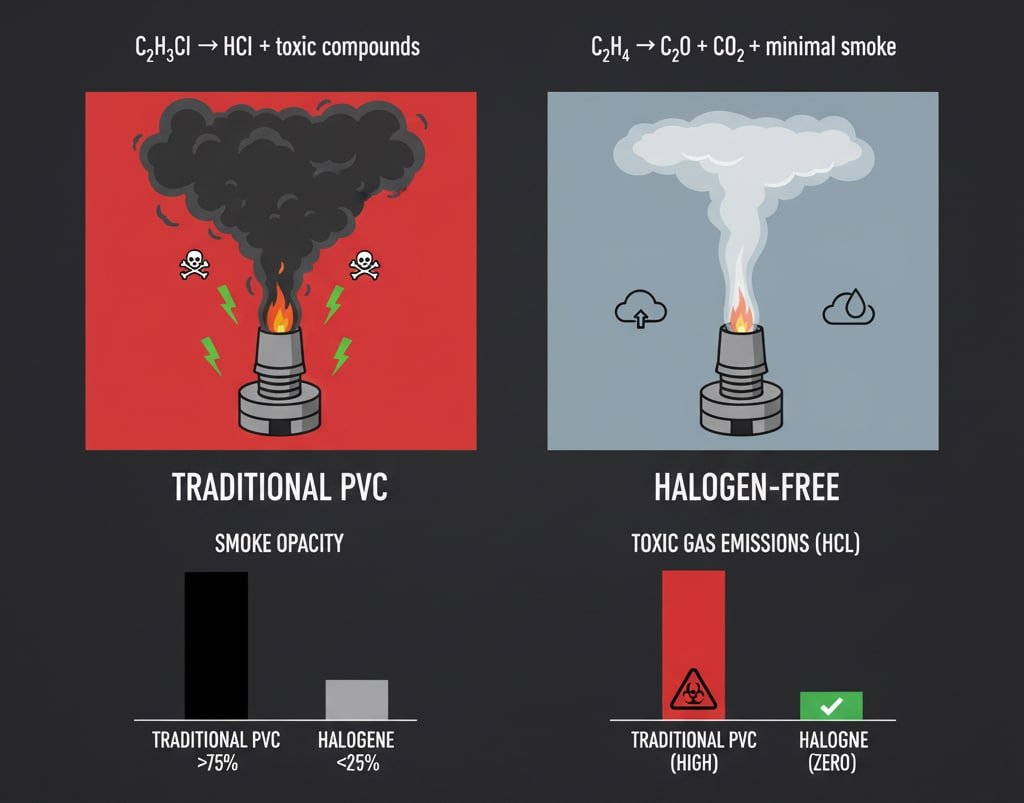 A fire safety test visually compares the combustion of a "HALOGENATED (PVC)" material producing dense, toxic, and corrosive smoke against a "HALOGEN-FREE" material, which burns cleanly with low-density, non-toxic smoke, highlighting the safety advantages of halogen-free compounds.