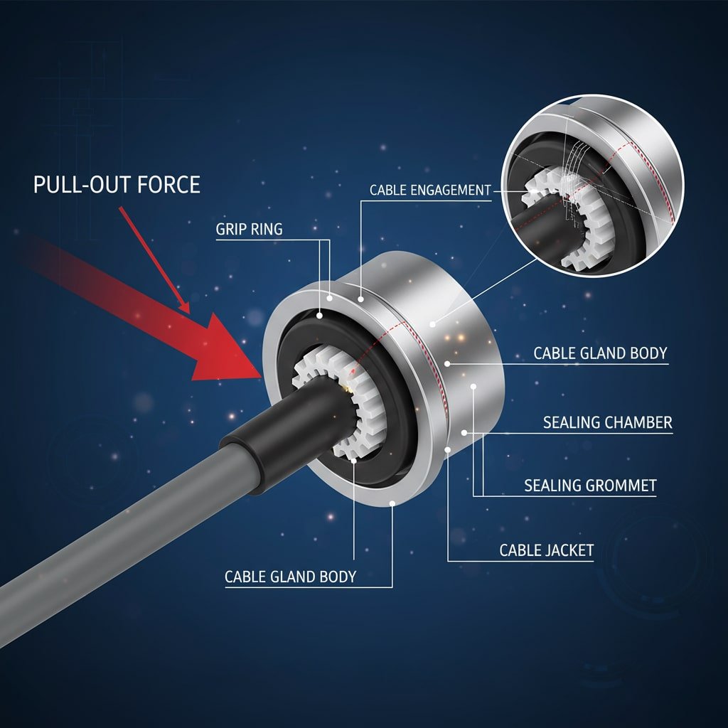 แผนภาพตัดขวางแบบละเอียดของก้านเกลียวสำหรับสายไฟที่มีสายไฟผ่านอยู่ภายใน แสดงให้เห็น "แรงดึงออก" ด้วยลูกศรสีแดงขนาดใหญ่ส่วนประกอบภายในถูกระบุไว้อย่างชัดเจน: "แหวนจับยึด," "การเชื่อมต่อสายเคเบิล" (พร้อมภาพขยาย), "ตัวเรือนเกลียวสายเคเบิล," "ห้องซีล," "แหวนซีล," และ "ปลอกหุ้มสายเคเบิล" ชื่อเรื่อง "เกลียวสายเคเบิลประสิทธิภาพสูง: แผนภาพความแข็งแรงในการดึงออก" อยู่ด้านล่าง.