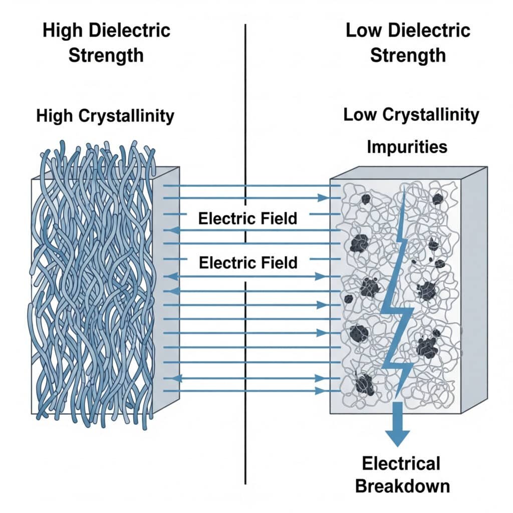 Diagram yang membandingkan dua struktur polimer untuk menjelaskan kekuatan dielektrik. Bahan dengan kristalinitas tinggi dan tidak ada pengotor, menunjukkan kekuatan dielektrik yang tinggi dengan menahan medan listrik. Sebaliknya, bahan dengan kristalinitas rendah dan pengotor mengalami kerusakan listrik, yang menunjukkan kekuatan dielektrik yang lebih rendah. Visual ini menjelaskan bagaimana struktur dan kemurnian molekul menentukan kemampuan isolasi suatu bahan.