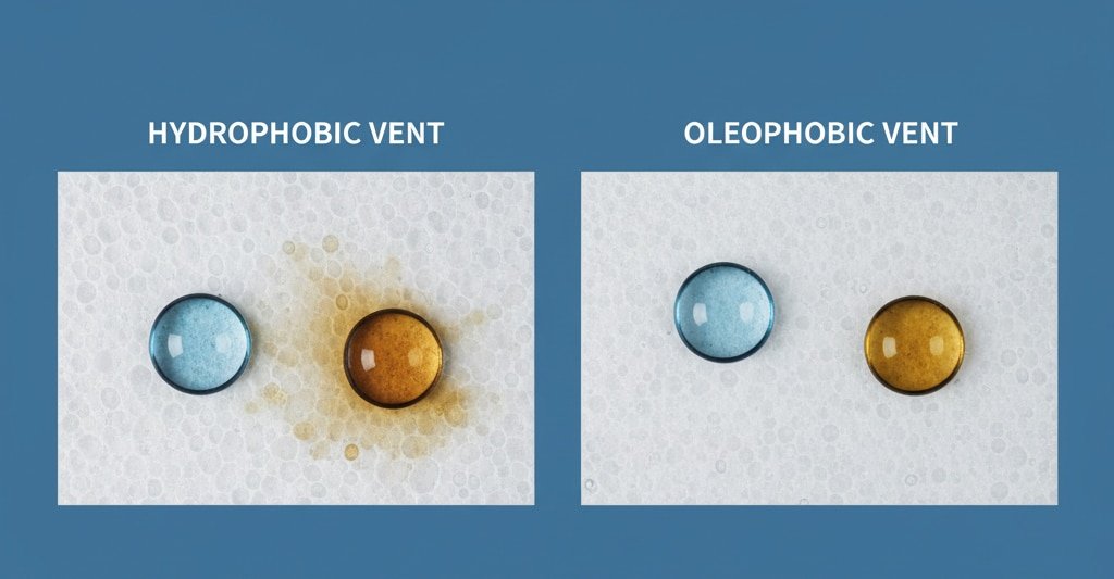 Een vergelijkende grafiek met twee soorten ventilatieopeningen: HYDROPHOBIC VENT' links met een waterdruppel gepareld en een oliedruppel geabsorbeerd, en 'OLEOPHOBIC VENT' rechts met zowel water- als oliedruppels gepareld, wat het verschil in afstotendheid illustreert. Hieronder vindt u een tabel die de prestatieverschillen in een laboratoriumomgeving laat zien.