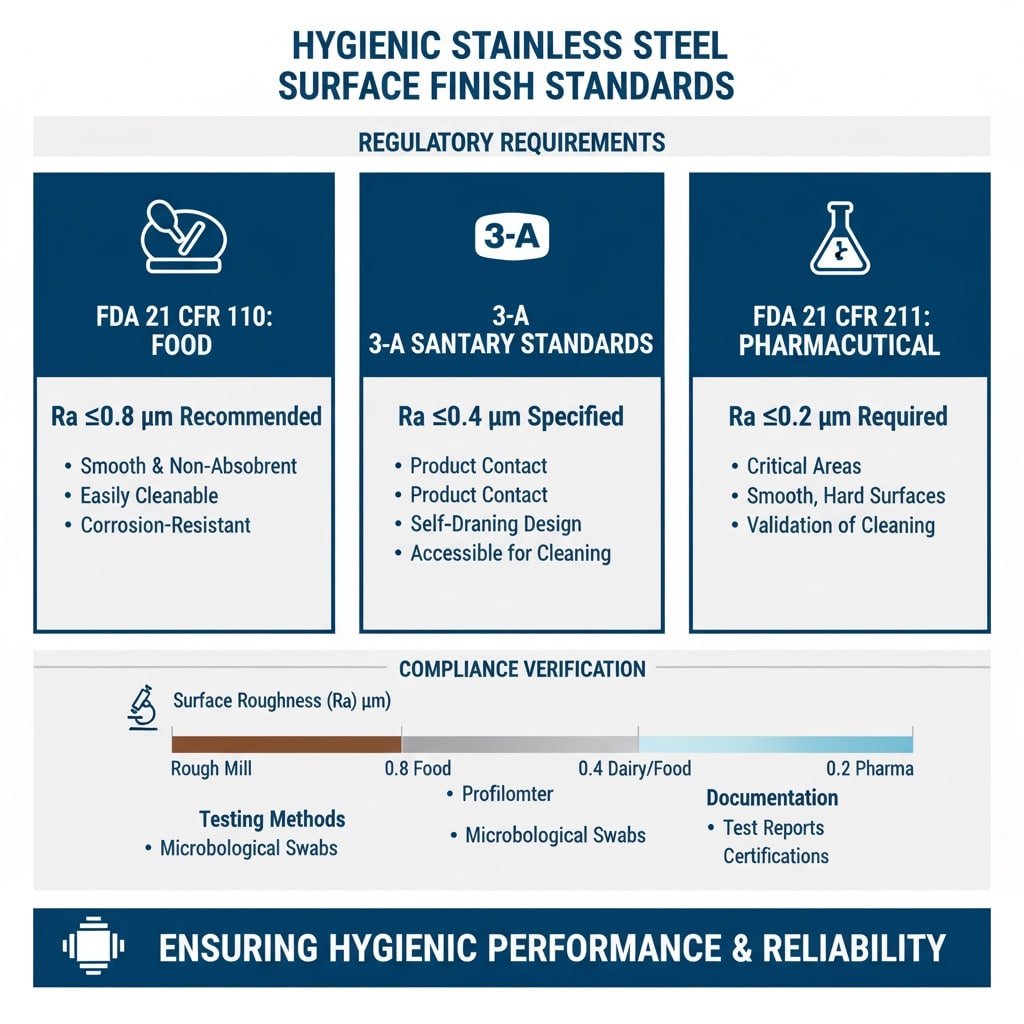 แผนผังที่แสดงมาตรฐานการตกแต่งผิวสแตนเลสสตีลเพื่อสุขอนามัย โดยระบุข้อกำหนดด้านกฎระเบียบจาก FDA 21 CFR 110 (อาหาร), มาตรฐานสุขอนามัย 3-A และ FDA 21 CFR 211 (เภสัชกรรม) พร้อมวิธีการตรวจสอบความสอดคล้อง.