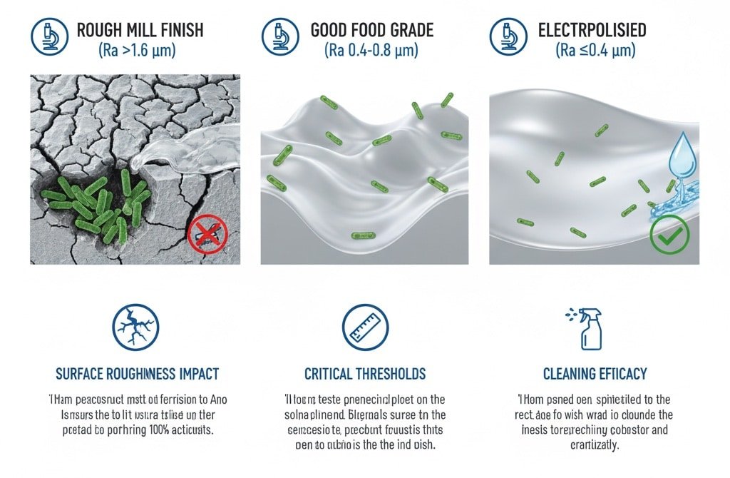 แผนภาพที่แสดงผลกระทบของความหยาบของพื้นผิวต่อการยึดเกาะของจุลินทรีย์บนพื้นผิวสแตนเลสสตีลที่สะอาด โดยแสดงพื้นผิวหยาบ พื้นผิวเกรดอาหารที่ดี และพื้นผิวที่ผ่านการขัดด้วยไฟฟ้า พร้อมแบคทีเรียและกระบวนการทำความสะอาด.