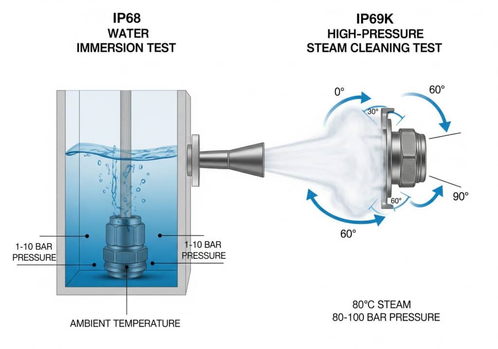 แผนผังทางเทคนิคที่เปรียบเทียบการทดสอบการป้องกันน้ำเข้าสองประเภท: ทางด้านซ้าย เป็นการทดสอบการแช่น้ำตามมาตรฐาน IP68 ซึ่งแสดงให้เห็นข้อต่อสายเคเบิลที่จมอยู่ในน้ำที่อุณหภูมิแวดล้อม ทางด้านขวา เป็นการทดสอบการทำความสะอาดด้วยไอน้ำแรงดันสูงตามมาตรฐาน IP69K ซึ่งมีความรุนแรงมากกว่า โดยแสดงให้เห็นข้อต่อที่ถูกฉีดพ่นด้วยไอน้ำที่อุณหภูมิ 80°C จากหลายมุม ด้วยแรงดัน 80-100 บาร์.