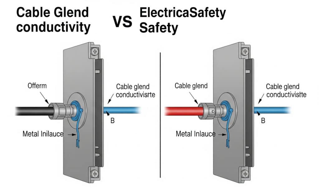 A comparative technical diagram shows a "HIGH-CONDUCTIVITY CABLE GLAND" on the left, enabling a clear "FAULT CURRENT" through a "LOW RESISTANCE PATH" for "EFFECTIVE FAULT CLEARING." In contrast, the "POOR-CONDUCTIVITY CABLE GLAND" on the right illustrates an "IMPEDED FAULT CURRENT" due to a "HIGH RESISTANCE CONNECTION," leading to a "DANGEROUS VOLTAGE RISE."
