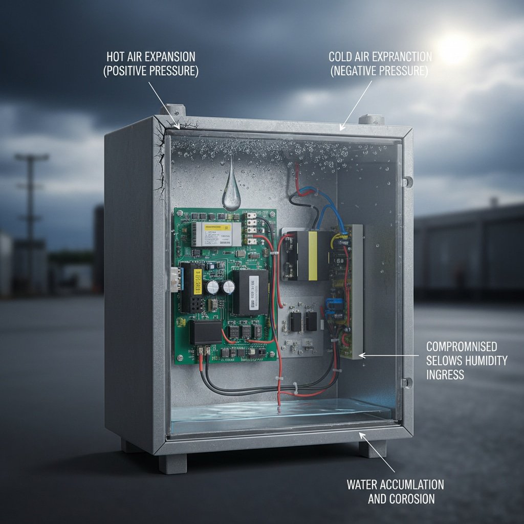 Вид в разрезе наружного электрического шкафа, иллюстрирующий влияние изменений давления под воздействием температуры и скопления влаги. На схеме выделены "Расширение горячего воздуха (положительное давление)", "Расширение холодного воздуха (отрицательное давление)", "Компромиссные уплотнения допускают воздействие влаги" и "Накопление и коррозия влаги", чтобы показать, как отсутствие надлежащей вентиляции приводит к выходу оборудования из строя.