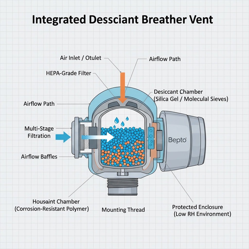 Znázorněný výřez integrovaného odvzdušňovacího ventilu s vysoušedlem, který ukazuje jeho vnitřní součásti a provozní proudění. Schéma ukazuje vzduch vstupující přes filtr třídy HEPA, procházející vícestupňovým filtračním systémem a poté do vysoušecí komory naplněné silikagelem a molekulárními síty. Cesta proudění vzduchu a proces absorpce vlhkosti jsou jasně znázorněny štítky ukazujícími na jednotlivé součásti a vysvětlujícími, jak zařízení udržuje prostředí s nízkou vlhkostí v chráněné skříni.
