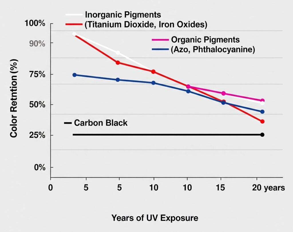 Il grafico intitolato "Prestazioni di stabilità del colore dei pigmenti" confronta la ritenzione del colore di diversi tipi di pigmenti in 20 anni di esposizione ai raggi UV. Dimostra visivamente che i pigmenti inorganici (come il biossido di titanio e gli ossidi di ferro) e il nero carbone mantengono un'eccellente ritenzione del colore nel tempo, mentre i pigmenti organici (come l'azo e la ftalocianina) si degradano e perdono colore molto più rapidamente. Questo grafico illustra l'importanza fondamentale della scelta dei pigmenti per la durata a lungo termine dei prodotti in plastica per esterni.