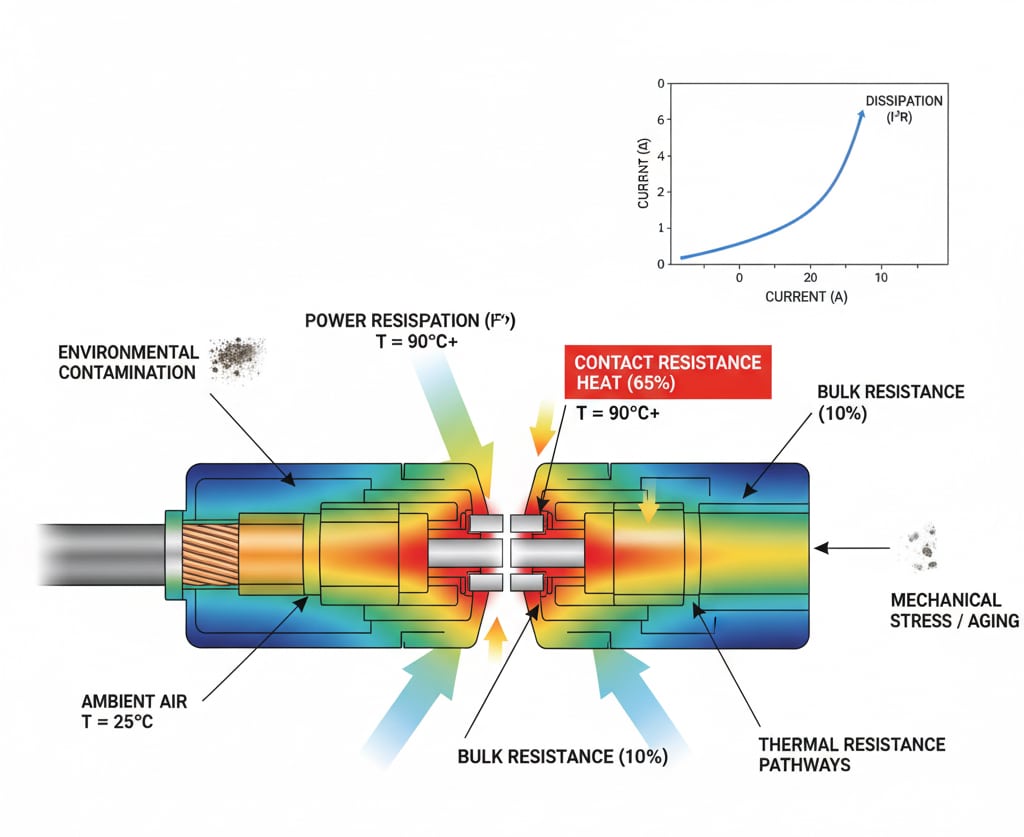 Detaljan presjek MC4 konektora, koji ilustrira točke stvaranja topline i putove toplinske otpornosti. Ističe kontaktnu otpornost kao glavni izvor topline (65%), što dovodi do temperatura iznad 90 °C, uz volumensku otpornost (10%) u vodičima. Kontaminacija okoliša i mehanički stres/starenje prikazani su kao vanjski čimbenici koji doprinose stvaranju topline. Umetnuti grafikon prikazuje eksponencijalnu vezu između struje i rasipanja snage (I²R), naglašavajući kako se stvaranje topline povećava s porastom struje.