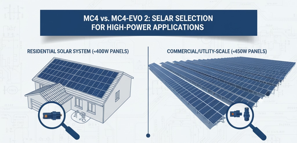 MC4 vs. MC4-EVO 2: SOLAR SELECTION FOR HIGH-POWER APPLICATIONS（MC4とMC4-EVO 2の比較：高出力用途のソーラー選択）」と題した技術図では、これらのソーラーコネクターの用途を視覚的に比較しています。標準的なMC4コネクターを使用した住宅用ソーラーシステムと、MC4-EVO 2コネクターを使用した商業/公共施設規模のソーラーアレイのイラストが掲載されています。両コネクター・タイプの詳細なクローズアップが掲載され、その仕様（標準MC4：最大15A、100V、MC4-EVO 2：最大30A、150V）が強調され、EVO 2の「優れた熱性能」が記されている。表は、電力と規模に基づいて、異なるアプリケーションタイプに対するコネクタの適合性を分類したものです。