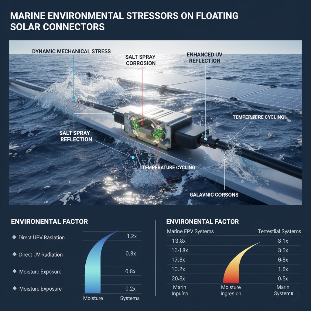 Илустративни дијаграм под називом "МАРИНСКИ ЕКОЛОШКИ СТРЕСОРИ НА ПЛОВЕЋИМ СОЛАРНИМ КОНЕКТОРИМА" приказује попречни пресек електричног конектора на пловећем соларном панелу усред узбуркане океанске воде. Разни фактори окружења су истакнути текстуалним ознакама и визуелним сигналима: "ДИНАМИЧКИ МЕХАНИЧКИ НАПОН" од таласа, "КОРОЗИЈА УЗРОКОВАНА СОЛЕНОМ МАГЛОМ", "ПОЈАЧАНО УВ ОДРАЖАВАЊЕ" од површине воде, "ТЕМПЕРАТУРСКА ЦИКЛИЧНОСТ", "ОДРАЖАВАЊЕ СОЛЕНЕ МАГЛЕ" и "ГАЛВАНСКА КОРОЗИЈА". Испод главне слике, два графикона пружају податке о утицају "ФАКТОРА ЖИВОТНЕ СРЕДИНЕ".