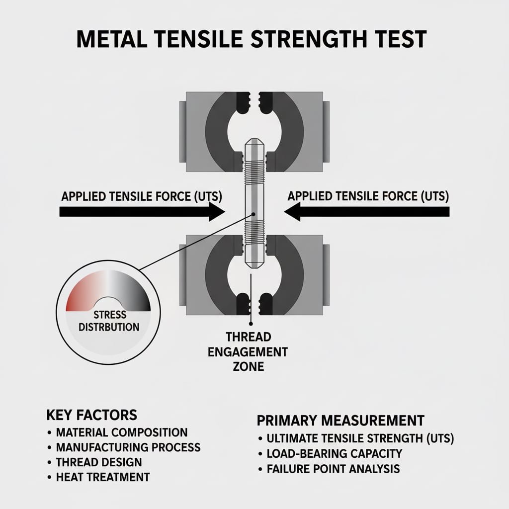 "METAL GERİLME MUKAVEMETİ TESTİ" başlıklı bir diyagram, iki kavrama çenesi tarafından tutulan dişli bir numuneyi göstermektedir ve oklar zıt yönlerde çekilen "UYGULANAN GERİLME KUVVETİ (UTS)" ni göstermektedir. Büyütülmüş bir ek, dişli parça üzerindeki "GERİLİM DAĞILIMI "nı göstermektedir. Aşağıda, malzeme bileşimi, üretim süreci, diş tasarımı ve ısıl işlem dahil olmak üzere "ANAHTAR FAKTÖRLER" listelenmiştir. "BİRİNCİL ÖLÇÜM" nihai gerilme mukavemeti, yük taşıma kapasitesi ve arıza noktası analizini listeler. Tüm metinler doğru bir şekilde İngilizce olarak gösterilmiştir.