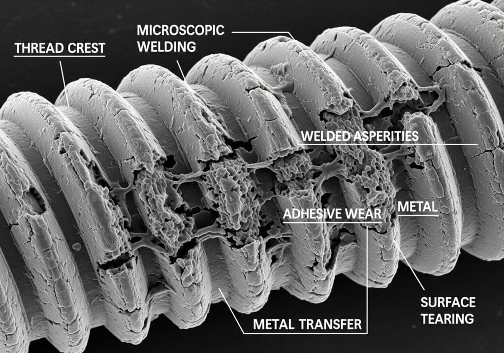 ภาพจากกล้องจุลทรรศน์อิเล็กตรอนแบบส่องกราด (SEM) ของเกลียวสกรูที่เสียหาย แสดงให้เห็นอย่างชัดเจนถึง "การเชื่อมระดับจุลภาค" "ความขรุขระจากการเชื่อม" "การสึกกร่อนจากการยึดเกาะ" "การฉีกขาดของพื้นผิว" และ "การถ่ายโอนโลหะ" ระหว่างพื้นผิวเกลียวที่สัมผัสกัน ซึ่งแสดงให้เห็นถึงผลกระทบของการเกิดเกลียวติดกัน.