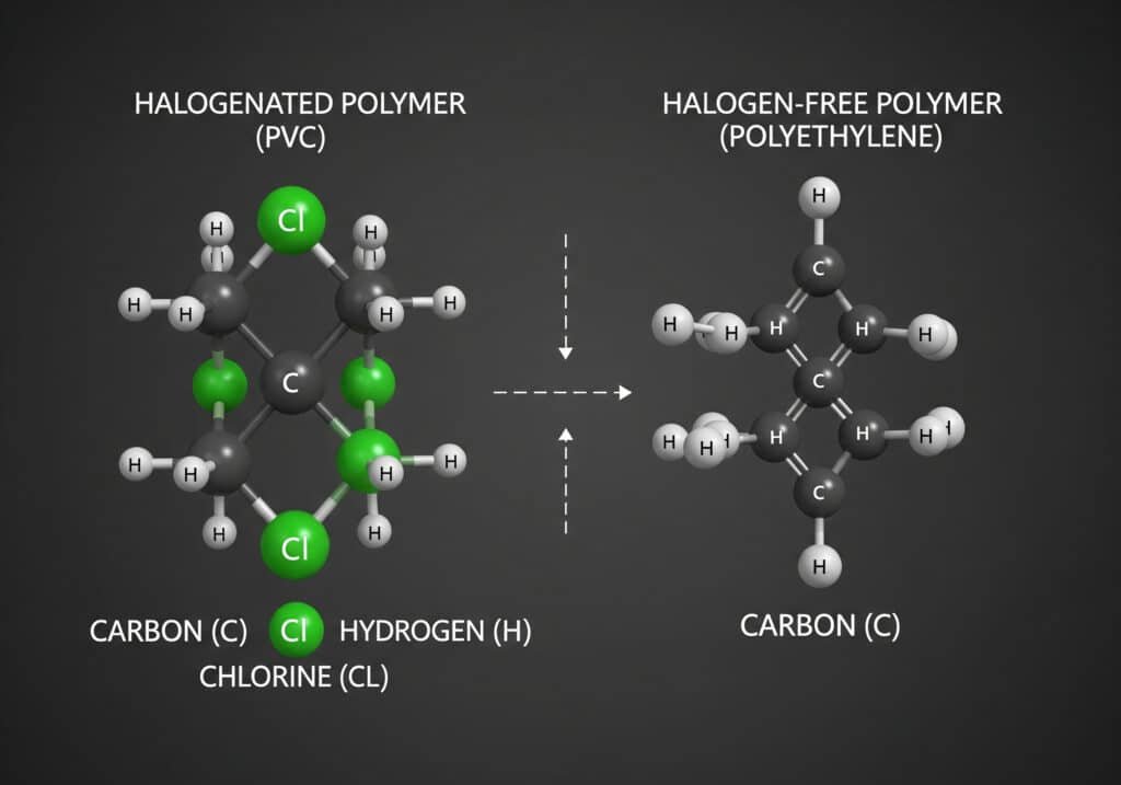 A side-by-side molecular structure comparison shows "HALOGENATED POLYMER (PVC)" with carbon (C), hydrogen (H), and chlorine (Cl) atoms, contrasted with a "HALOGEN-FREE POLYMER (POLYETHYLENE)" containing only carbon (C) and hydrogen (H) atoms, illustrating the absence of halogens.