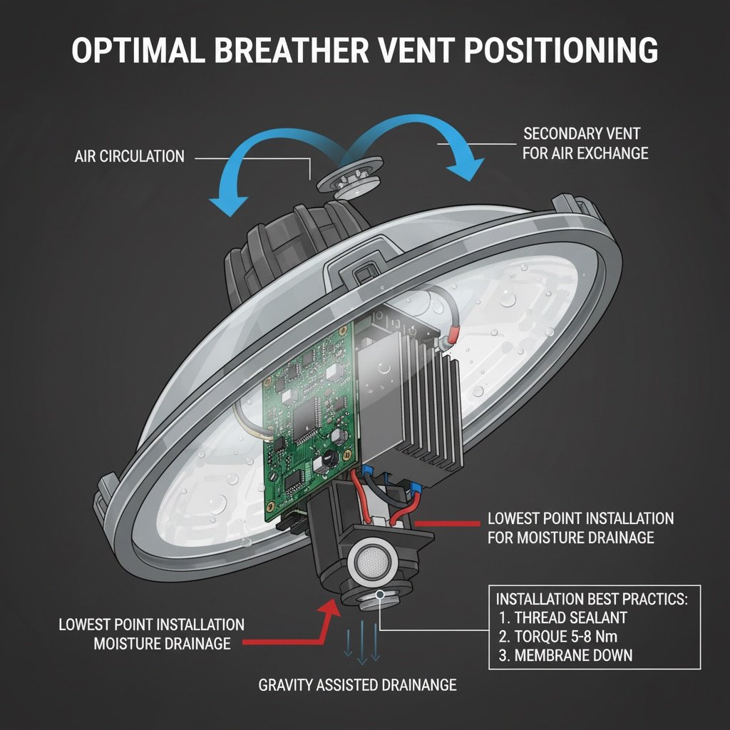 Een dwarsdoorsnede van een LED-armatuur die de optimale plaatsing van de ontluchtingsopening illustreert, met labels die wijzen op een "LAAGSTE INSTALLATIEPUNT VOOR VLEK AFVOER" en een "TWEEDE VENTIEPUNT VOOR LUCHTVERWISSELING" bovenaan, met pijlen voor "LUCHTCULATIE" en markering van "GRAVITY ASSISTED DRAINAGE". Beste praktijken voor installatie worden ook vermeld.