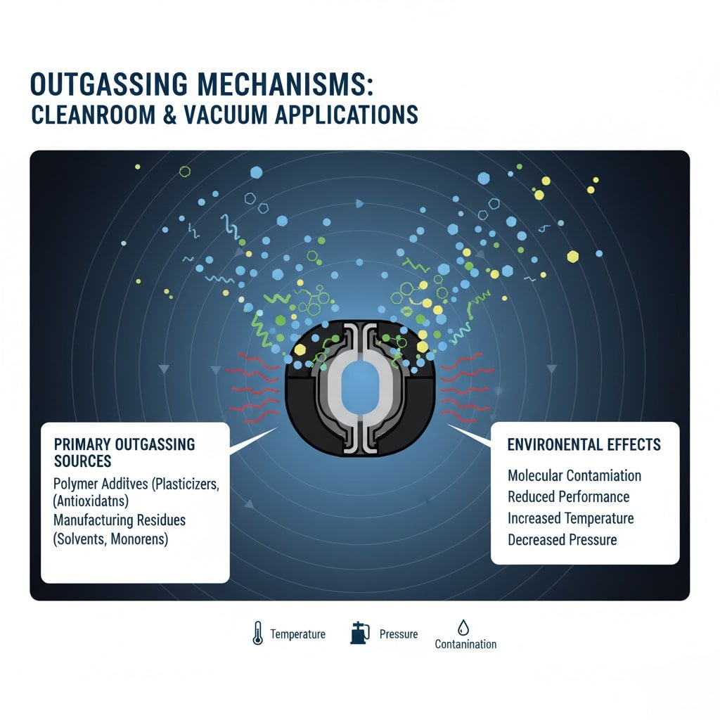 A diagram illustrating outgassing mechanisms in cleanroom and vacuum applications, showing volatile organic compounds escaping from a cable gland, with callouts for primary outgassing sources and environmental effects, all influenced by temperature and pressure.