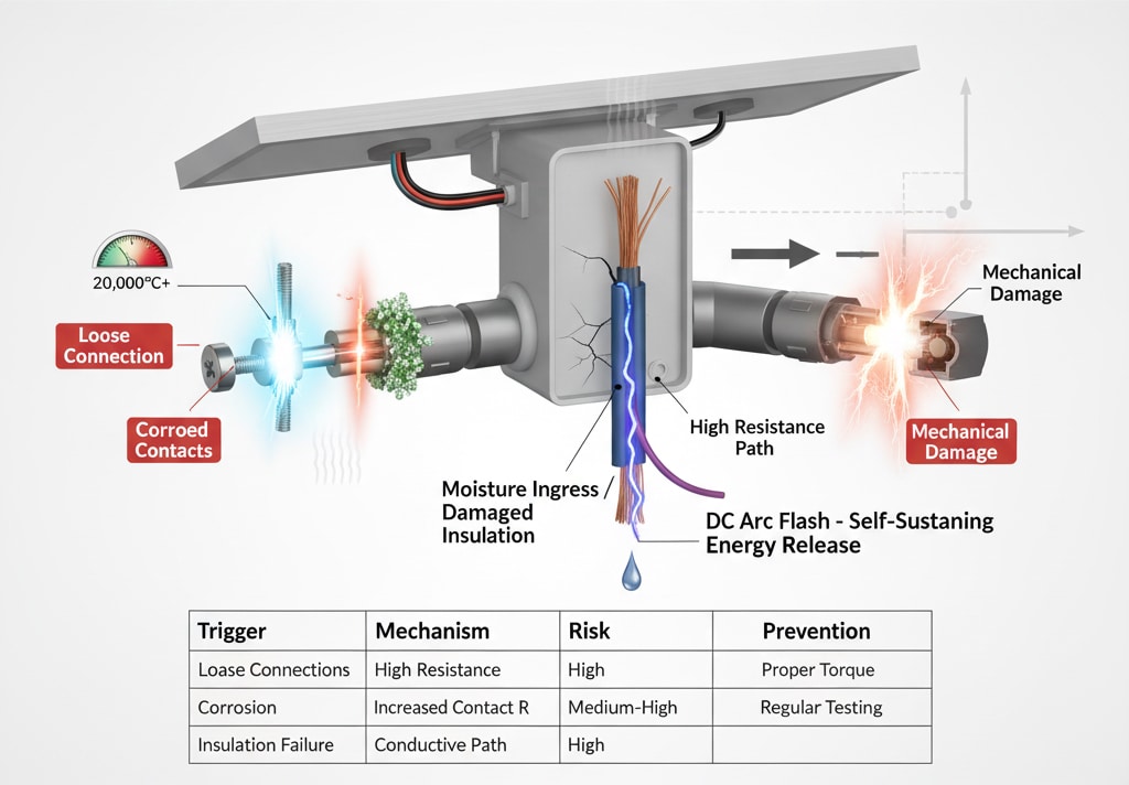 Diagram koji ilustruje uobičajene mehanizme arka u fotonaponskom sistemu, uključujući labave spojeve koji stvaraju ekstremnu toplotu, korozirane kontakte koji uzrokuju visok otpor, prodiranje vlage koje dovodi do oštećenja izolacije i stvaranja puta visokog otpora, te mehanička oštećenja koja rezultiraju samoodrživim istosmjernim arkom sa značajnim oslobađanjem energije. Ispod dijagrama nalazi se tabela koja prikazuje uobičajene okidače arka, njihove mehanizme, nivoe rizika i strategije prevencije.