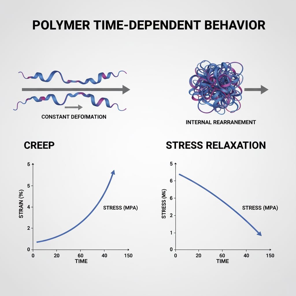 Diagram ilmiah berjudul "PERILAKU BERGANTI WAKTU POLIMER" dengan dua bagian utama yang mengilustrasikan "CREEP" dan "RELAKSASI STRES". Bagian mulur mencakup ilustrasi rantai polimer yang mengalami deformasi konstan dan grafik yang menunjukkan peningkatan regangan dari waktu ke waktu. Bagian relaksasi tegangan menampilkan ilustrasi rantai polimer yang mengalami penataan ulang internal dan grafik yang menggambarkan penurunan tegangan dari waktu ke waktu. Semua elemen tekstual, termasuk label untuk sumbu dan fenomena, disajikan dengan jelas dalam bahasa Inggris.