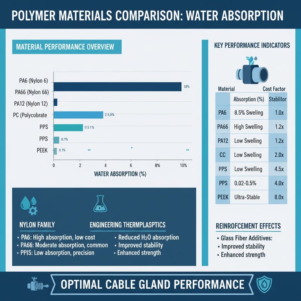 ตารางเปรียบเทียบที่แสดงเปอร์เซ็นต์การดูดซึมน้ำของวัสดุพอลิเมอร์ต่าง ๆ เช่น PA6, PA66, PA12, PC, PPS และ PEEK พร้อมด้วยตัวชี้วัดประสิทธิภาพหลักและผลกระทบของการเสริมแรงด้วยไฟเบอร์กลาส เพื่อแสดงประสิทธิภาพที่เหมาะสมที่สุดของปลอกสายเคเบิล.
