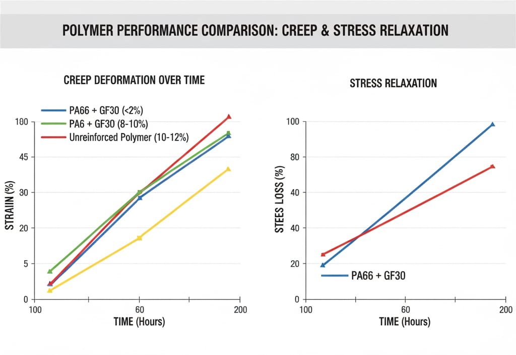 Grafik perbandingan berjudul "PERBANDINGAN KINERJA POLIMER: CREEP & RELAKSASI STRES". Ini menampilkan dua grafik garis: "DEFORMASI CREEP DARI WAKTU" yang membandingkan PA66 + GF30, PA6 + GF30, dan Polimer yang Tidak Diperkuat untuk regangan dari waktu ke waktu, dan "PELEPASAN STRES" yang membandingkan PA66 + GF30 untuk kehilangan tegangan dari waktu ke waktu. Di bawah grafik, tabel berjudul "PERBANDINGAN KINERJA MATERIAL" merinci material polimer yang berbeda, ketahanan mulurnya, relaksasi tegangan, batas suhu, dan faktor biaya. Semua teks dan label dalam bahasa Inggris yang akurat.