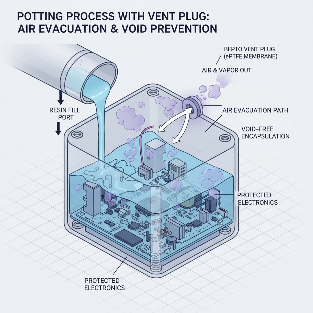 Kuvitettu poikkileikkaus elektroniikkakotelosta, jossa suoritetaan ruiskutusprosessi ja jossa hartsia kaadetaan täyttöaukosta. Kuvassa on Bepto-tulppa, jossa on ePTFE-kalvo, joka helpottaa ilman ja höyryn poistumista, estää tyhjät tilat ja varmistaa suojattujen elektroniikkalaitteiden tyhjäkapseloinnin. Nuolet osoittavat ilmavirran kulkureitin, mikä osoittaa, miten tuuletuspistoke auttaa saavuttamaan täydellisen täytön ja paineen tasauksen.