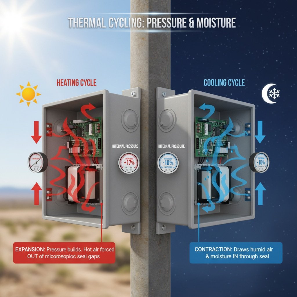 แผนภาพแยกที่แสดงผลกระทบของการเปลี่ยนแปลงอุณหภูมิต่อตู้ไฟฟ้าที่ปิดสนิทซึ่งติดตั้งบนเสา โดยแสดงทั้งสภาพกลางวันและกลางคืน ด้านซ้าย (กลางวัน) แสดง "วงจรความร้อน" โดยมีลูกศรสีแดงแสดงการขยายตัวของอากาศภายใน เกจวัดความดันแสดงค่าความดันที่เพิ่มขึ้น และกล่องข้อความที่ระบุว่า "การขยายตัว: ความดันเพิ่มขึ้น อากาศร้อนถูกบังคับให้ออกจากช่องซีลขนาดเล็ก"ด้านขวา (กลางคืน) แสดง "วงจรการทำความเย็น" โดยมีลูกศรสีน้ำเงินชี้การหดตัวของอากาศ เกจวัดสุญญากาศแสดงแรงดันที่ลดลง และกล่องข้อความที่ระบุว่า "การหดตัว: ดึงอากาศชื้นและความชื้นเข้ามาทางซีล" ภาพรวมเน้น "การหมุนเวียนความร้อน: แรงดันและความชื้น"