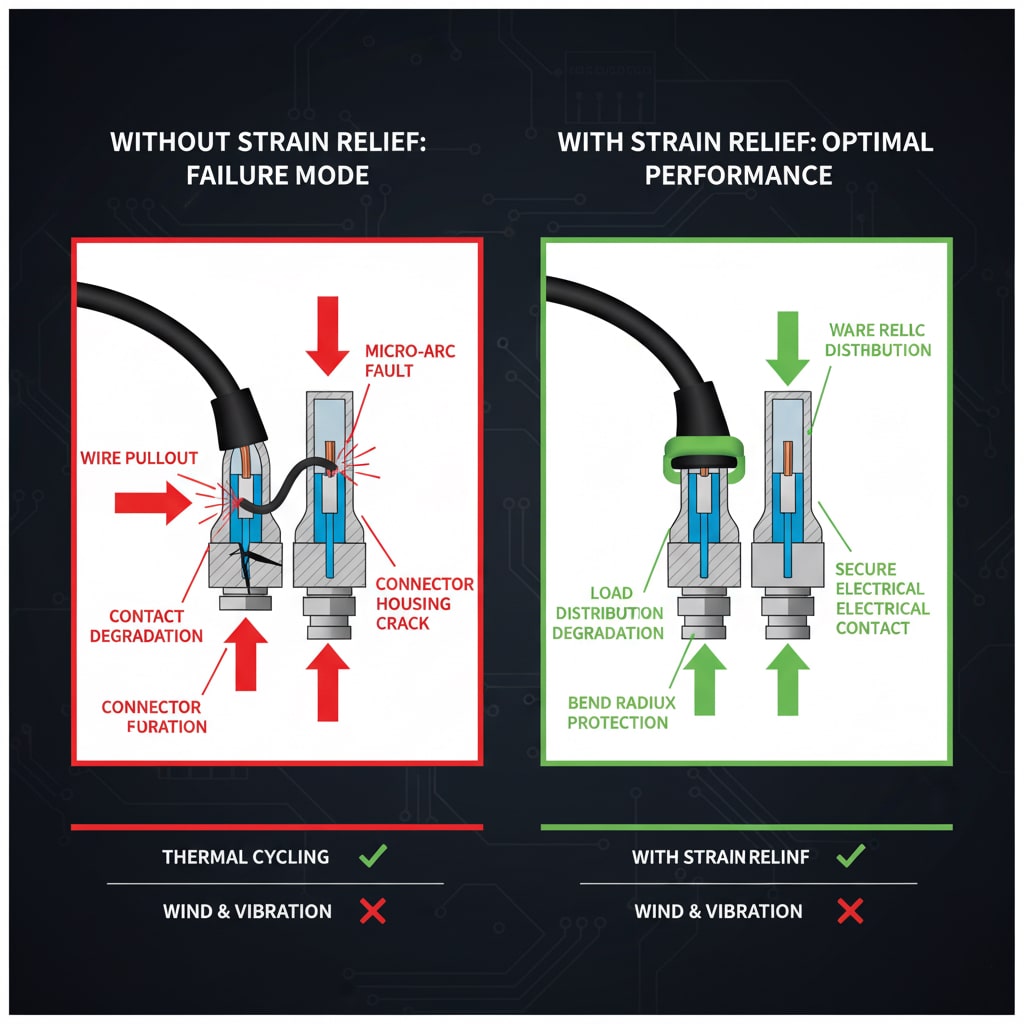Podijeljen tehnički dijagram koji uspoređuje performanse solarnog konektora s i bez odgovarajućeg odvođenja naprezanja. Lijeva crvena ploča, naslovljena "BEZ ODVOĐENJA NAPREZANJA: MODUS ZAKAZIVANJA," prikazuje presjek konektora s kabelom, ilustrirajući točke otkaza poput "IZVLAČENJA ŽICE," "DEGRADACIJE KONTAKTA," "MIKRO-LUKAŠTE GREŠKE" i "PUKOTINE KUĆIŠTA KONEKTORA" pomoću crvenih strelica koje označavaju naprezanje i oštećenje. Desni zeleni panel, naslovljen "S ODLIJEŽAVANJEM NAPREZANJA: OPTIMALNE PERFORMANSE," prikazuje pravilno instaliran konektor s navlakom za odvod naprezanja, pokazujući "RASPODJELU OPTEREĆENJA", "ZAŠTITU OD POLUMJERA SAVIJANJA" i "SIGURAN ELEKTRONIČKI KONTAKT" s zelenim strelicama koje predstavljaju ispravno upravljanje silom. Tablica ispod uspoređuje učinke "TERMIČKOG CIKLUSA" i "VJETRA I VIBRACIJA", pokazujući uspješno ublažavanje pomoću odvođenja naprezanja.