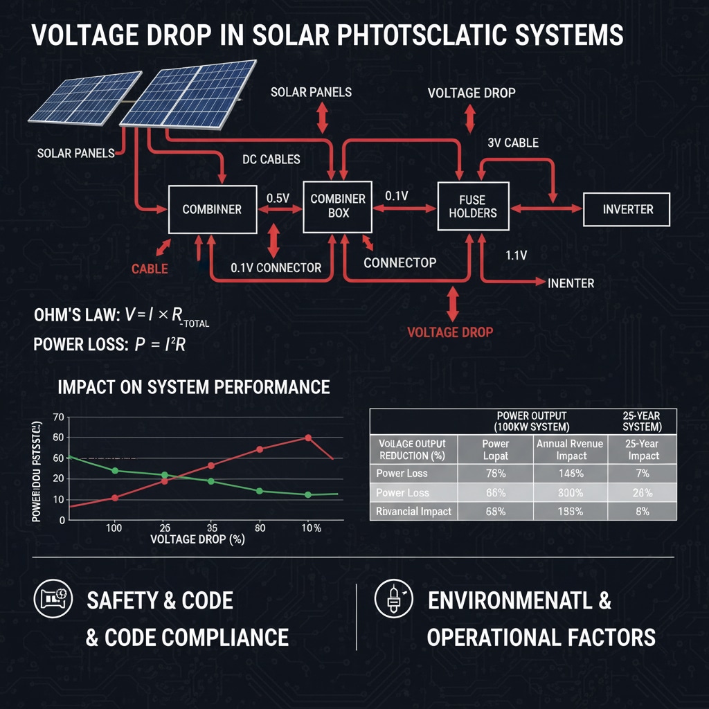 Opsežna infografika pod nazivom "PAD NAPONA U SOLARNIM FOTOVOLTAJNIM SISTEMIMA", smještena na tamnoj pozadini štampane pločice, ilustrira koncept i utjecaj pada napona. Glavni dijagram prikazuje pojednostavljeni solarni niz, sa "SOLARNIM PANELIMA" povezanim "DC KABLOVIMA" na "KOMBINATOR" i zatim na "KOMBINATORSKU KUTIJU". Odatle, "NOSAČI OSIGURAČA" vode do "INVERTERA". Crvene strelice označavaju "PAD NAPONA" na različitim mjestima, sa specificiranim vrijednostima gubitka napona (npr. 0,5 V, 0,1 V, 1,1 V) prikazanim za kablove i konektore. Ispod toga su prikazani "OHMOV ZAKON: V = I × R_TOTAL" i "GUBITAK MOĆNOSTI: P = I²R". Odjeljak "UTJECAJ NA PERFORMANSE SISTEMA" uključuje linijski grafikon koji prikazuje "IZLAZNU MOĆNOST" u odnosu na "PAD NAPONA (%)" i tabelu koja detaljno prikazuje smanjenje izlazne moći i finansijski utjecaj. Dvije ikone na dnu predstavljaju "SIGURNOST I USKLAĐENOST SA PROPISIMA" i "OKOLIŠNI I OPERATIVNI FAKTORI."