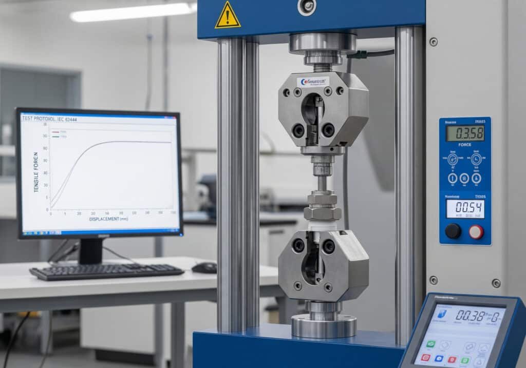 ก้านเกลียวสำหรับสายเคเบิลถูกติดตั้งไว้ในเครื่องทดสอบแรงดึงภายในห้องปฏิบัติการที่มีความเชี่ยวชาญทางเทคนิค ซึ่งกำลังดำเนินการทดสอบแรงดึงเพื่อตรวจสอบความแข็งแรงในการดึงออก ขณะที่หน้าจอในพื้นหลังแสดงข้อมูลการปฏิบัติการแบบเรียลไทม์ ซึ่งเป็นการยืนยันถึงกระบวนการทดสอบที่เข้มงวดและเป็นไปตามมาตรฐานที่กำหนดไว้.