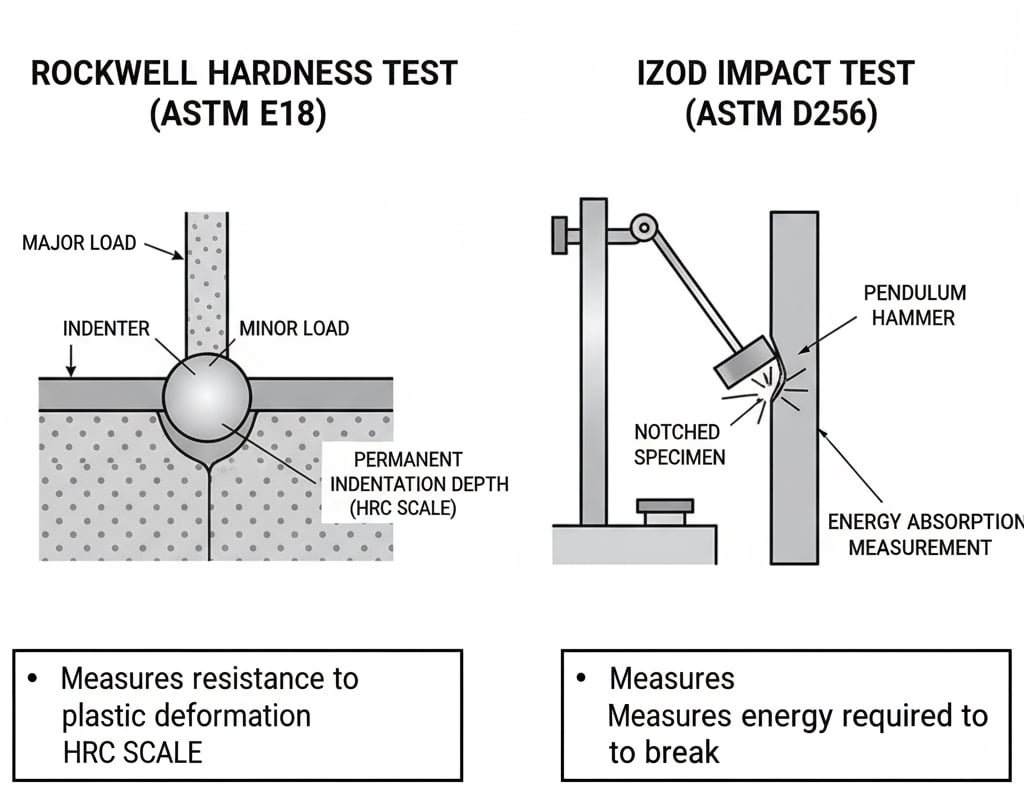 "기계 재료 테스트"라는 제목의 과학 다이어그램: 로크웰 & 아이조드 충격." 여기에는 두 가지 주요 그림이 있습니다. 하나는 재료에 크고 작은 하중을 가하여 영구적인 압흔 깊이를 측정하는 압자를 보여주는 "로크웰 경도 테스트(ASTM E18)"를 위한 그림입니다. 다른 하나는 진자 해머로 노치가 있는 시편을 타격하여 에너지 흡수를 나타내는 "IZOD 충격 테스트(ASTM D256)"를 보여줍니다. 각 그림에는 해당 테스트가 무엇을 측정하는지 설명하는 글머리 기호가 함께 제공됩니다. 모든 텍스트는 영어로 명확하게 읽을 수 있고 정확합니다.