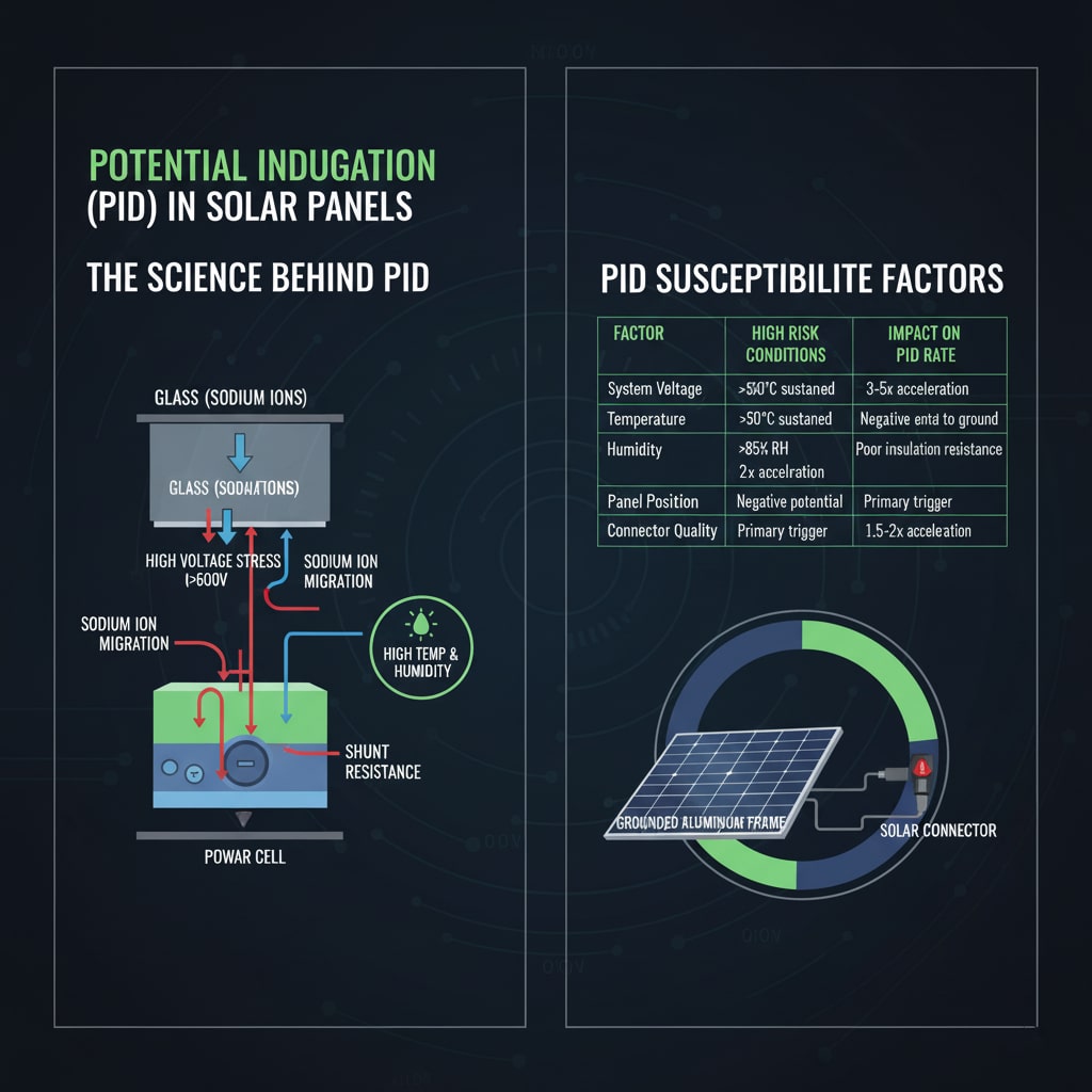 Опсежна инфографика под називом "ПОТЕНЦИЈАЛНО ИНДУКОВАНА ДЕГРАДАЦИЈА (PID) У СОЛАРНИМ ПАНЕЛИМА", која детаљно приказује науку иза PID-а и његове факторе осетљивости. Леви панел, "НАУКА ИЗА PID", приказује пресек соларне ћелије, показујући "МИГРАЦИЈУ НАТРИЈУМ-ЈОНОВА" из "СТАКЛА" у "РАДНУ ЋЕЛИЈУ" због "НАПОНА ВИСОКОГ ПОТЕНЦИЈАЛА (600V–1500V)". Црвене линије означавају миграцију јона, док црвена сијалица и икона "ВИСОКА ТЕМПЕРАТУРА И ВЛАЖНОСТ" истичу окидаче из окружења. Илустрација указује на "ШУНТ ОТПОР" као кључни механизам деградације. Десни панел, "ФАКТОРИ СКЛОНОСТИ ПИД-у", садржи табелу са факторима као што су "Напон система", "Температура," "Влажност," "Позиција панела," и "Квалитет конектора," уз њихове "УСЛОВЕ ВИСОКОГ РИЗИКА" и "УТИЦАЈ НА СТАВКУ PID." Испод табеле, дијаграм показује соларни панел повезан са "ГРУНТИРАНИМ АЛУМИНИЈУМСКИМ ОКВИРОМ" преко "СОЛАРНОГ КОНЕКТОРА," илуструјући електрични пут.
