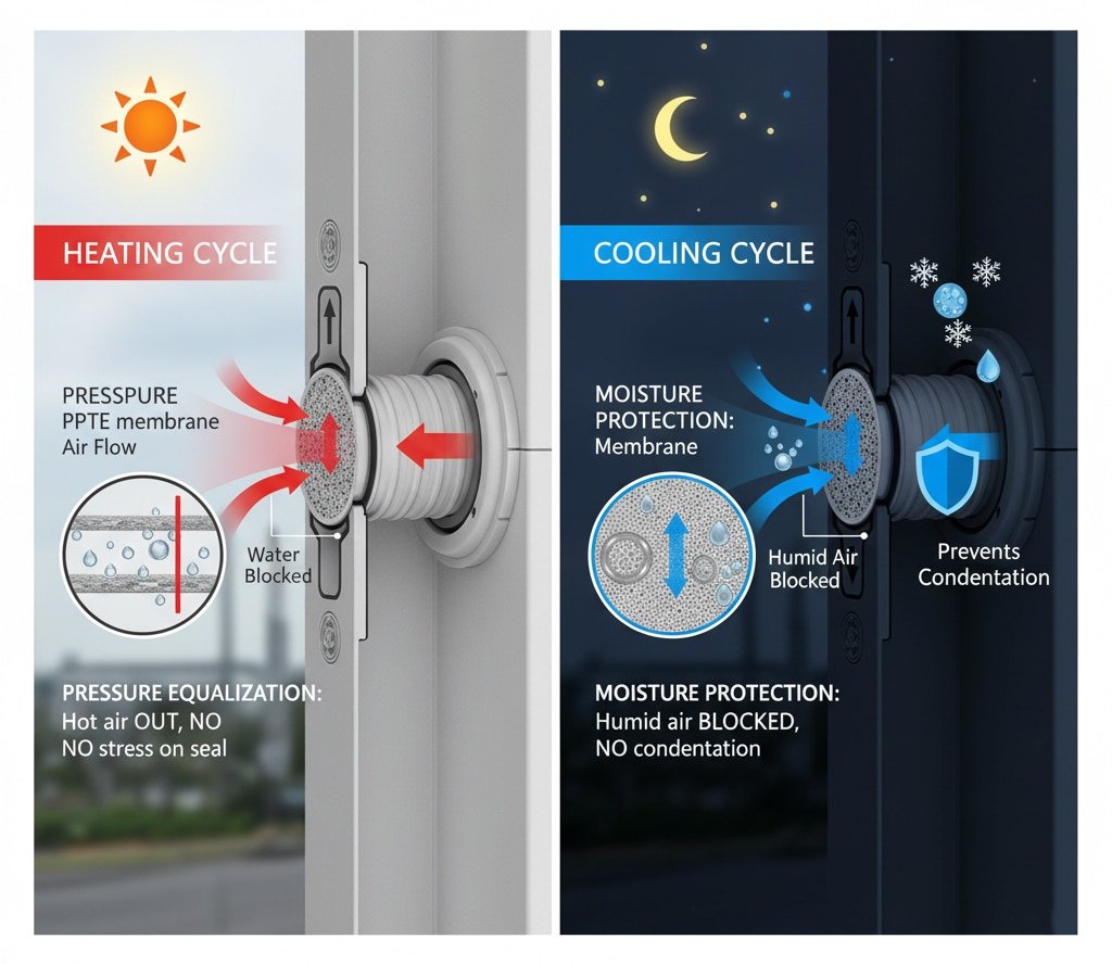 อินโฟกราฟิกแบบแยกส่วนที่แสดงการทำงานของช่องระบายอากาศที่ช่วยปกป้องซีลของตู้ไฟฟ้าในระหว่างการเปลี่ยนแปลงของอุณหภูมิ แผงด้านซ้ายซึ่งมีป้ายกำกับว่า "รอบความร้อน" แสดงให้เห็นช่องระบายอากาศที่ปล่อยอากาศร้อนออกในขณะที่กั้นหยดน้ำไว้ โดยมีข้อความระบุว่า "การปรับความดันให้สมดุล: อากาศร้อนออก ไม่มีความเครียดบนซีล"แผงด้านขวาซึ่งมีป้ายกำกับว่า "วงจรการทำความเย็น" แสดงช่องระบายอากาศที่ปิดกั้นอากาศชื้นไม่ให้เข้าไป โดยมีข้อความระบุว่า "การป้องกันความชื้น: อากาศชื้นถูกปิดกั้น ไม่มีการควบแน่น" ภาพรวมทั้งหมดเน้นที่ "ช่องระบายอากาศที่ระบายอากาศได้: การป้องกันซีลและความน่าเชื่อถือ"