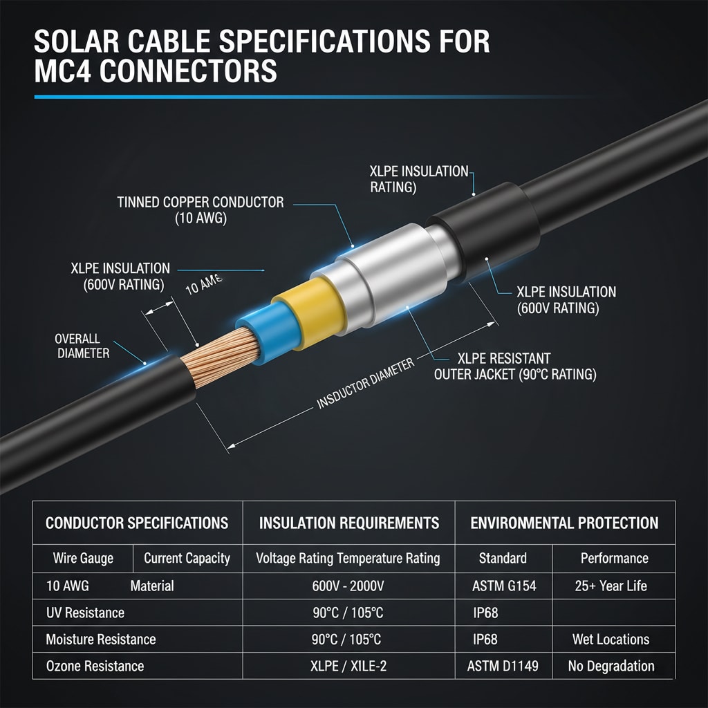 Solar Cable Specifications for MC4 Connectors," featuring a detailed cutaway view of a solar cable integrated with an MC4 connector. Key components are labeled, including "TINNED COPPER CONDUCTOR (10 AWG)," "XLPE INSULATION (600V RATING)," "XLPE RESISTANT OUTER JACKET (90°C RATING)," and "OVERALL DIAMETER." Below the diagram, tables provide specific details on "CONDUCTOR SPECIFICATIONS," "INSULATION REQUIREMENTS," and "ENVIRONMENTAL PROTECTION," covering aspects like wire gauge, current capacity, voltage rating, temperature rating, UV resistance, and moisture resistance.