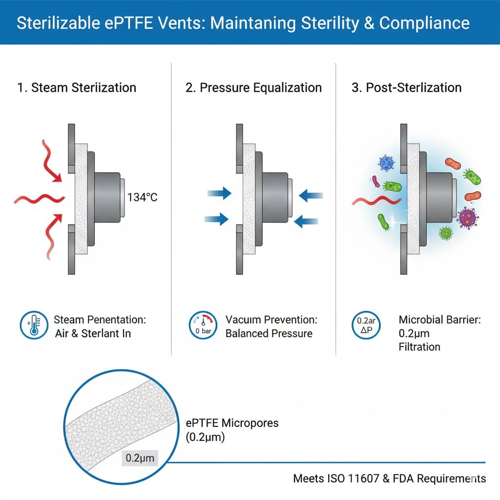 Диаграмма из трех панелей, иллюстрирующая функциональность стерилизуемых вентиляционных отверстий из ЭПТФЭ. На первой панели, "1. Паровая стерилизация", показано проникновение пара в вентиляционное отверстие при температуре 134°C с надписью "Проникновение пара: Воздух и стерилизатор внутри". На второй панели, "2. Выравнивание давления", показано сбалансированное давление и надпись "Предотвращение вакуума: Сбалансированное давление". На третьей панели, "3. После стерилизации", показано, как вентиляционное отверстие действует как "Микробный барьер: фильтрация 0,2 мкм" против бактерий и вирусов. На увеличенной вставке изображены "Микропоры ePTFE (0,2 мкм)". В конце диаграммы указано: "Соответствует требованиям ISO 11607 и FDA".