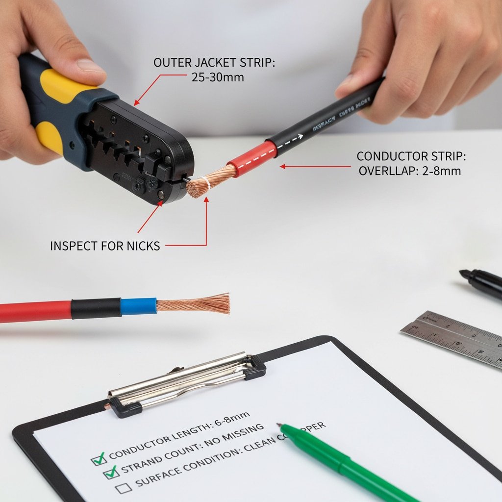 Skats tuvplānā uz rokām, kas veic precīzu kabeļa sagatavošanu MC4 savienotājam, demonstrējot svarīgākos soļus un instrumentus. Viena roka tur automātisko vadu noņēmēju, kas ir gatavs noņemt sarkano kabeli, bet otra roka tur kabeli, uz kura ir marķēts vēlamais noņemšanas garums. Vizuālie norādījumi izceļ "OUTER JACKET STRIP: 25-30mm" un "CONDUCTOR STRIP: OVERLAP: 2-8mm", kā arī norādījumu "INSPECT FOR NICKS". Zemāk uz diviem sagatavotiem kabeļiem (sarkanā un zilā krāsā) redzami glīti atdalīti vadi. Labajā pusē redzams piezīmju dēlis ar kontrolsarakstu "Vadu garums", "Stiepļu skaits" un "Virsmas stāvoklis", kā arī marķieris, lineāls un MC4 savienotāja sastāvdaļas, uzsverot detalizētu kvalitātes kontroli, kas saistīta ar pareizu kabeļa sagatavošanu.