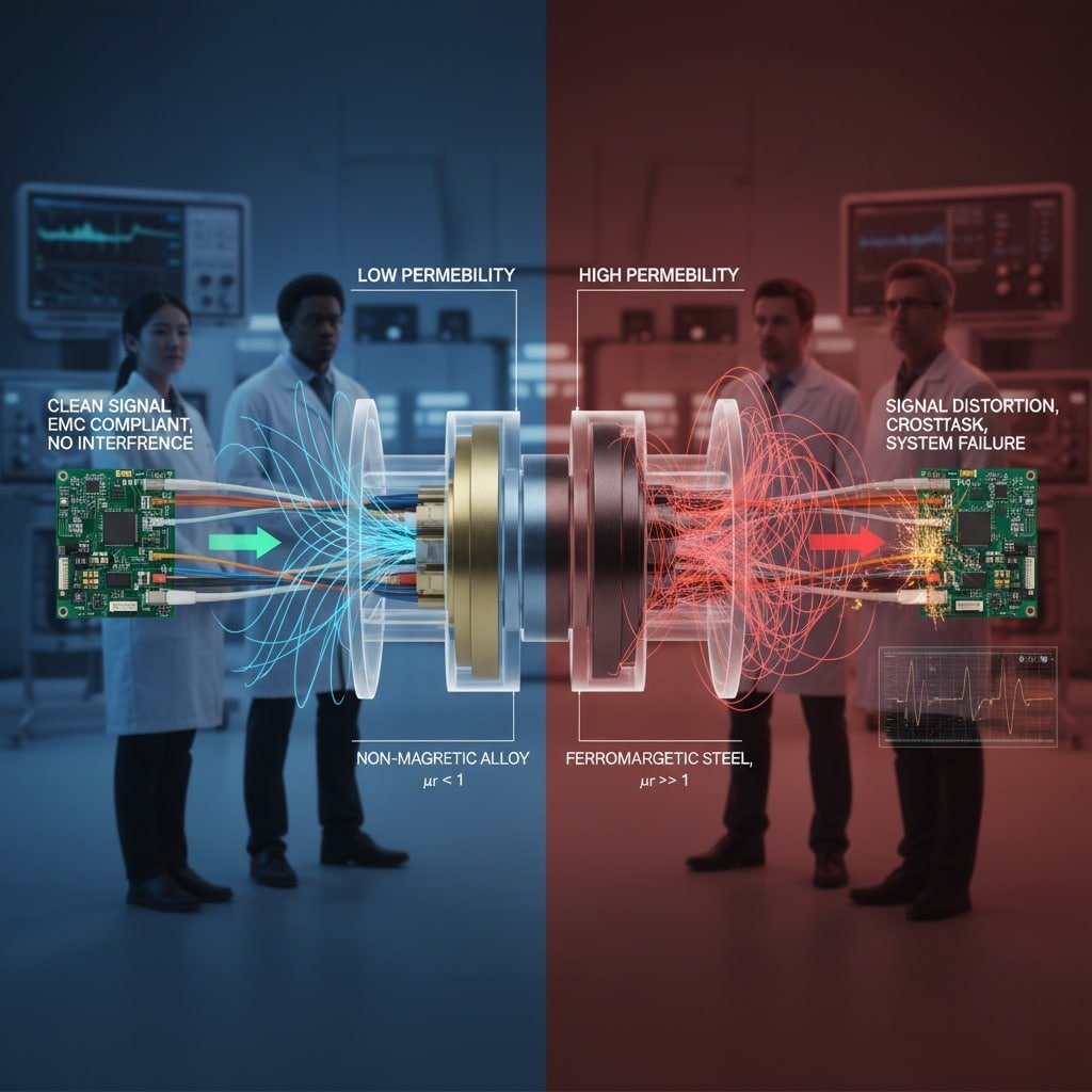 A split image showing the contrast between low and high magnetic permeability in cable glands affecting electronic signals. On the left, a non-magnetic alloy cable gland allows a clean signal, with "LOW PERMEABILITY" and "CLEAN SIGNAL, EMC COMPLIANT, NO INTERFERENCE" displayed. On the right, a ferromagnetic steel cable gland causes signal distortion and interference, labeled "HIGH PERMEABILITY" and "SIGNAL DISTORTION, CROSSTALK, SYSTEM FAILURE." Scientists are visible in the background on both sides, examining electronic equipment.