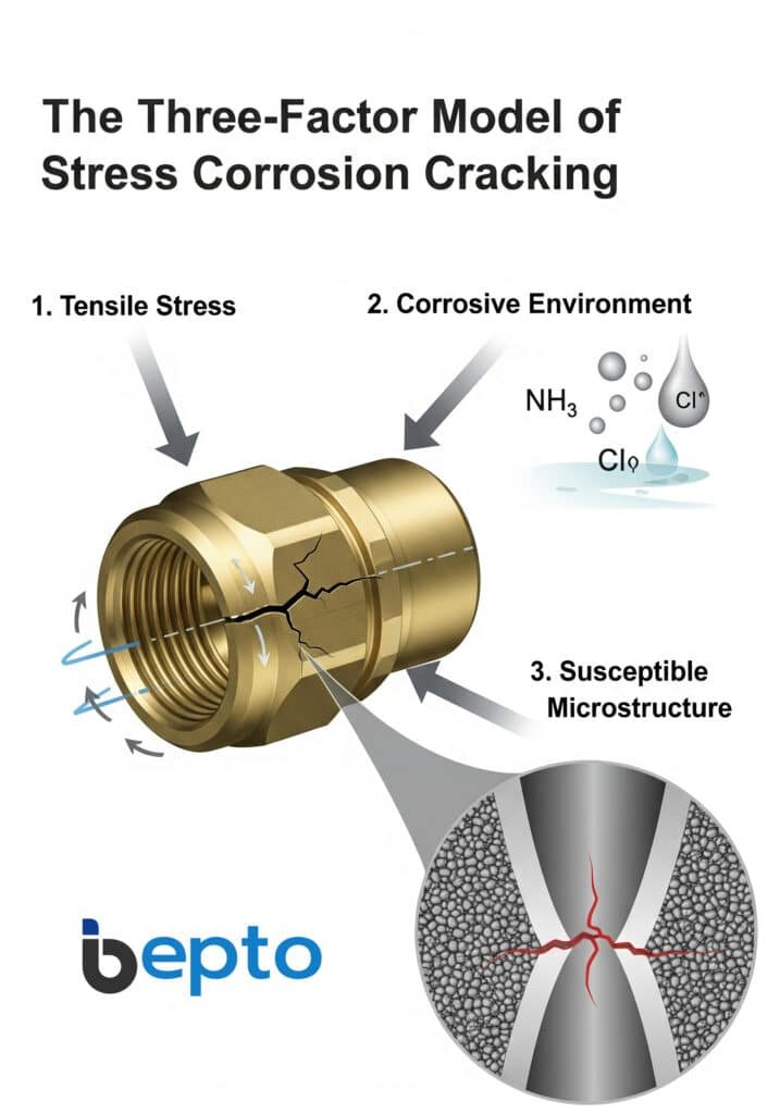 Um diagrama que ilustra o modelo de três factores da fissuração por corrosão sob tensão. Mostra um bucim central de latão com uma fissura visível, apontada por três setas rotuladas: "1. Tensão de tração," "2. Ambiente corrosivo," e "3. Microestrutura suscetível," que se liga a uma vista ampliada da estrutura do grão do material, explicando visualmente os elementos combinados que causam este tipo de falha do material.