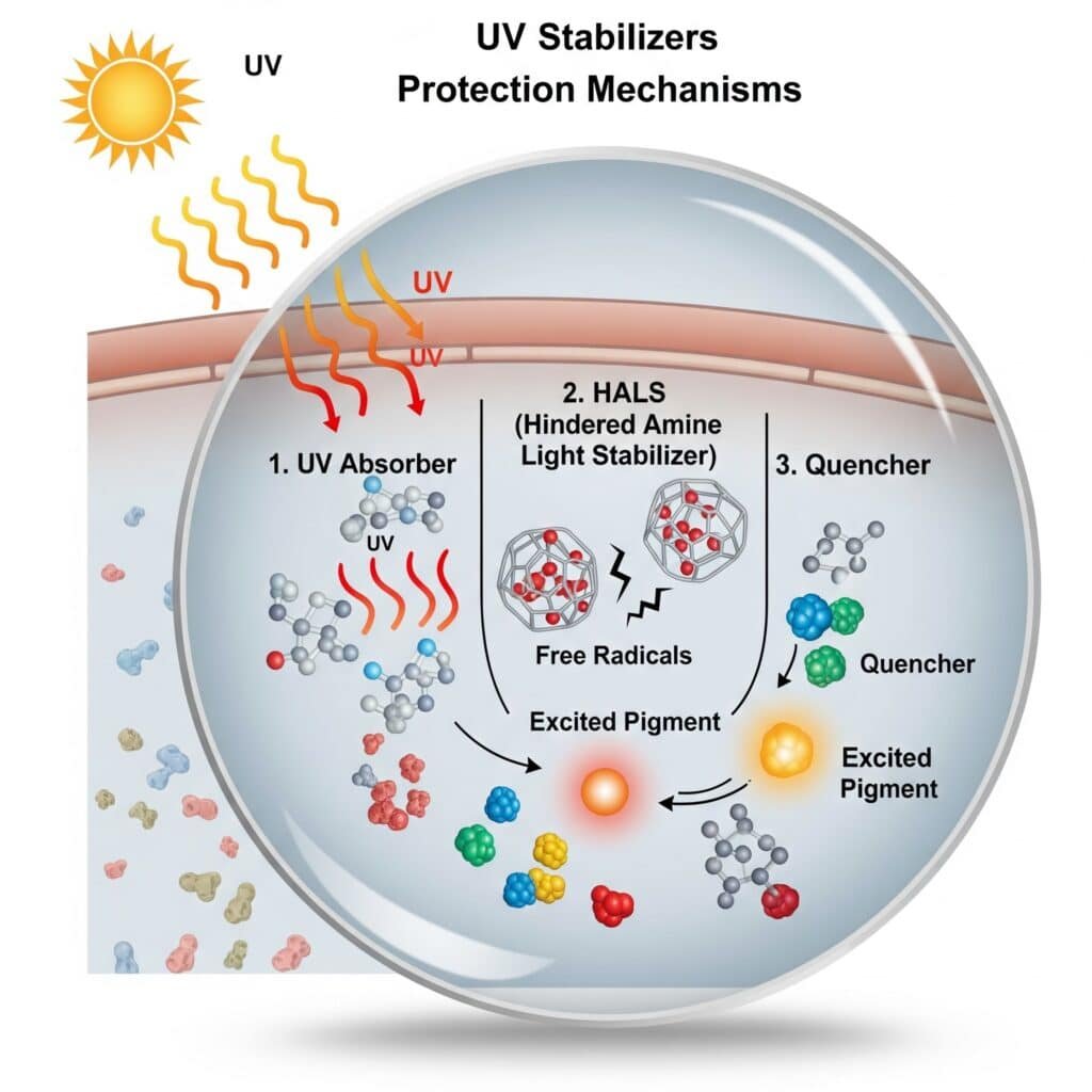 Un diagramma scientifico che illustra i tre principali meccanismi di protezione degli stabilizzatori UV nelle materie plastiche. Mostra gli assorbitori UV che convertono le radiazioni UV in calore, gli HALS (Hindered Amine Light Stabilizers) che intrappolano i radicali liberi e i quenchers che disattivano le molecole di pigmento eccitate per prevenire la fotodegradazione e lo sbiadimento del colore.