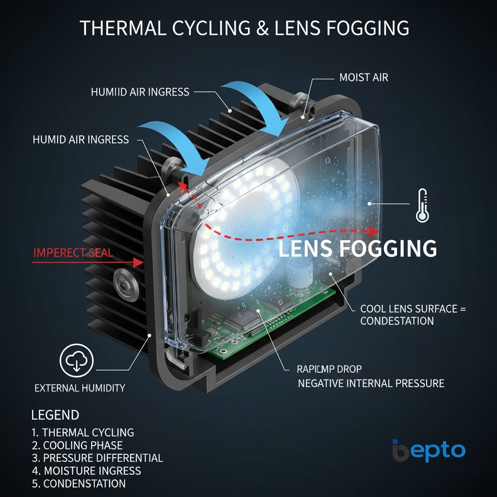 Het diagram illustreert "THERMAL CYCLING & LENS FOGGING" in een LED armatuur en laat zien hoe vochtige lucht binnendringt door een onvolmaakte afdichting als gevolg van negatieve interne druk veroorzaakt door snelle temperatuurdalingen tijdens de koelfase, wat leidt tot condensatie en lensbeslag op het koele lensoppervlak.