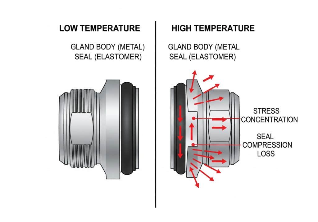 แผนภาพทางเทคนิคแบบแยกส่วนแสดงผลกระทบของอุณหภูมิต่อปลอกสายเคเบิล ด้านซ้ายที่ "อุณหภูมิต่ำ" จะแสดง "ตัวปลอก (โลหะ)" และ "ซีล (อีลาสโตเมอร์)" ในสภาพปกติทางด้านขวา ที่ "อุณหภูมิสูง" ตัวกระบอกโลหะจะขยายตัวแตกต่างจากซีลยาง ส่งผลให้เกิด "การรวมตัวของแรงเค้น" และ "การสูญเสียการบีบอัดของซีล" ซึ่งแสดงด้วยลูกศรสีแดงที่ชี้ออกด้านนอกและแสดงถึงแรงที่ลดลงและการสัมผัสที่ลดลง.