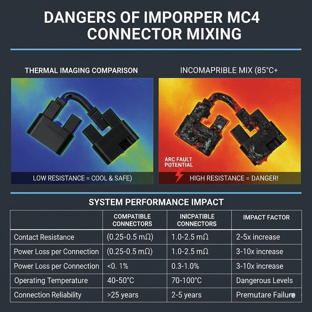 Un infografic intitulat "PERICOLELELE MIXĂRII IMPROPRII A CONECTORILOR MC4" prezintă o "COMPARARE A IMAGINII TERMICE". În stânga, o imagine termică albastră a "CONECTORILOR COMPATIBILE" cu "REZISTENȚĂ SLABĂ = RĂCIRE ȘI SIGURANȚĂ". În dreapta, o imagine termică roșie și galbenă a unui "MIX INCOMPATIBIL (85°C+)" cu "REZISTENȚĂ ÎNALTĂ = PERICOL!" și un avertisment "POTENȚIAL DE FAPT DE ARC". Mai jos, un tabel privind "IMPACTUL PERFORMANȚEI SISTEMULUI" compară "CONECTORI COMPATIBILI" și "CONECTORI INCOMPATIBILI" în funcție de parametri precum "Rezistența la contact", "Pierderea de putere pe conexiune", "Temperatura de funcționare" și "Fiabilitatea conexiunii", subliniind riscurile crescute și performanța degradată ale amestecului incompatibil.