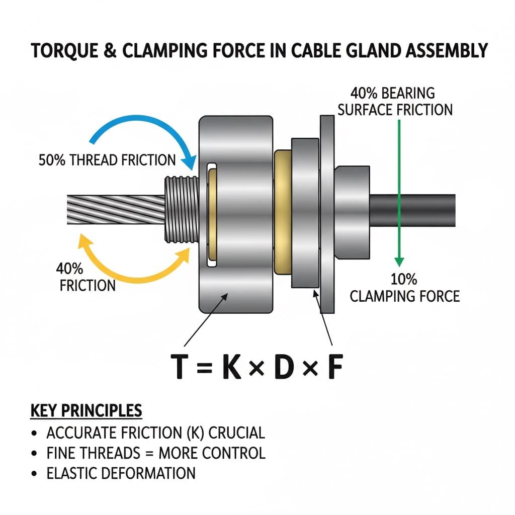 На ілюстрації показано поперечний переріз кабельного вводу в зборі з кабелем, що проходить через нього. Анімовані стрілки та текст вказують на "50% THREAT FRICTION" (синя, крива), "40% BEARING SURFACE FRICTION" (зелена, пряма) та "10% CLAMPING FORCE" (зелена, пряма), демонструючи розподіл крутного моменту. Під вузлом на видному місці розміщено основне рівняння крутного моменту "T = K × D × F", а також додатковий текст, що підкреслює "КЛЮЧОВІ ПРИНЦИПИ", такі як "ТОЧНЕ ТЕРТЯ (K) ВИРІШАЛЬНЕ", "ДРІБНЕ РІЗЬБЛЕННЯ = БІЛЬШЕ КОНТРОЛЮ" та "ЕЛАСТИЧНА ДЕФОРМАЦІЯ" для ефективного ущільнення.