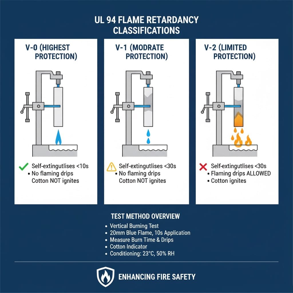 A diagram illustrating UL 94 flame retardancy classifications (V-0, V-1, V-2) with visual representations of the vertical burning test setup, flame application, and key criteria for each rating, along with an overview of the test method.