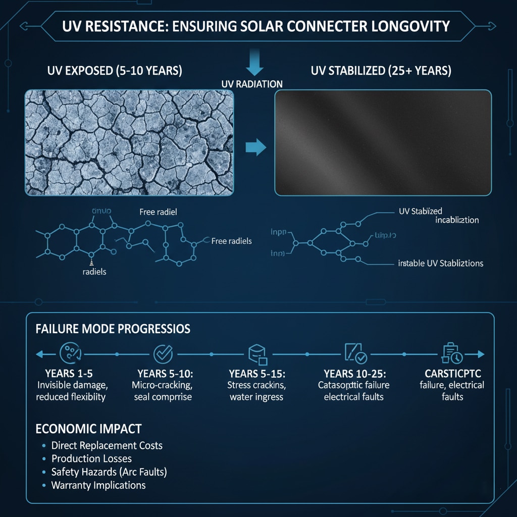 一份名為「UV RESISTANCE: ENSURING SOLAR CONNECTOR LONGEVITY」的技術資訊圖表，說明了紫外線輻射對太陽能接頭的影響。它將「UV 暴露 (5-10 年)」的材料與「UV 穩定 (25+ 年)」的材料進行對比，「UV 暴露 (5-10 年)」的材料顯示出乾燥的裂紋表面和具有「自由輻射」的分子圖，而「UV 穩定 (25+ 年)」的材料則顯示出平滑的表面和穩定的分子結構。下面的「故障模式進程」時間線詳細說明了從「1-5 年」（隱形損害）到「10-25 年」（災難性故障、電氣故障）的退化情況。經濟影響」部分列出了「直接更換成本」、「生產損失」、「安全危害（電弧故障）」和「保固影響」等後果。