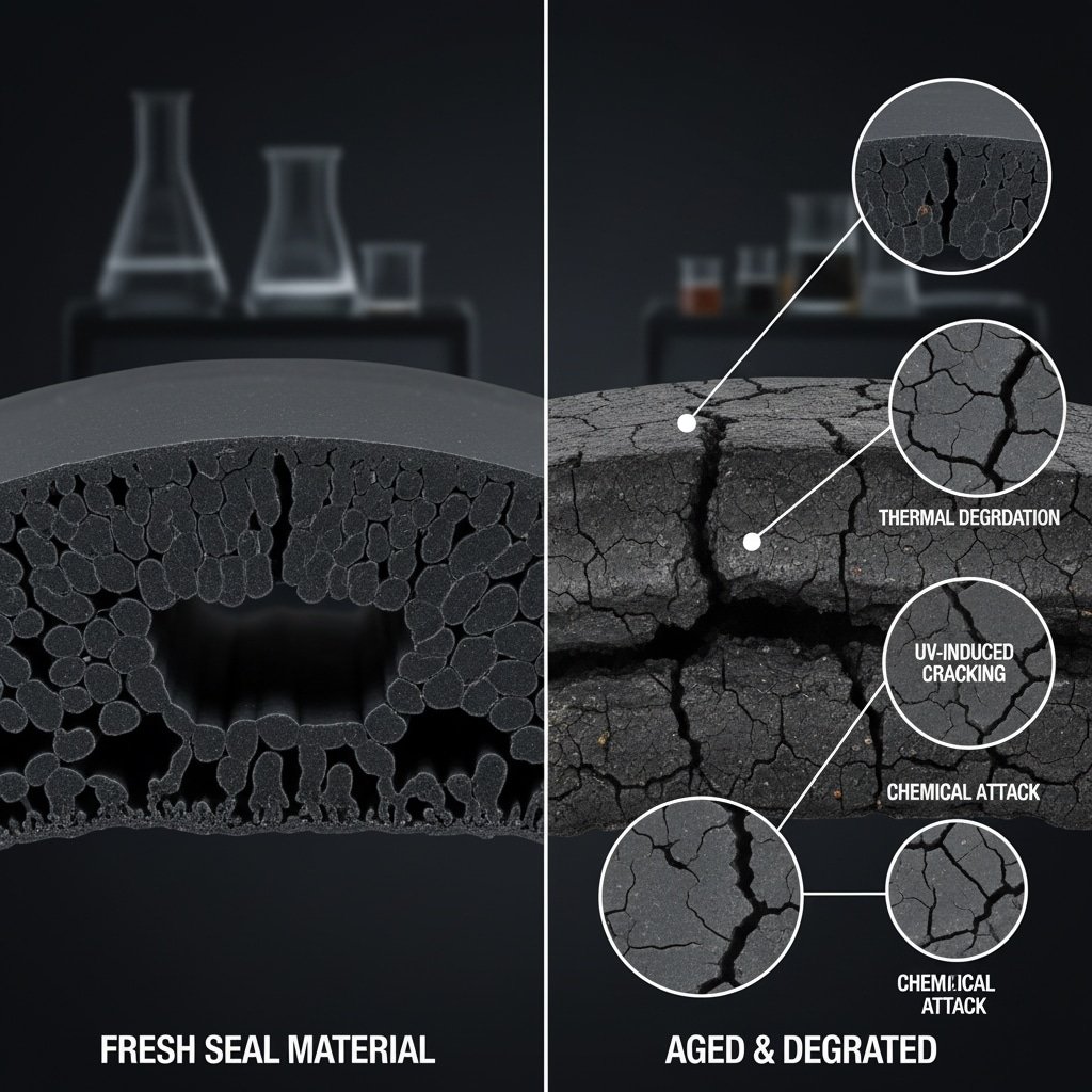 A side-by-side comparison of two seal material cross-sections. The left side, labeled "FRESH SEAL MATERIAL", shows a smooth, intact, and uniform black material. The right side, labeled "AGED & DEGRADED", displays a severely cracked and degraded material with magnified insets highlighting "THERMAL DEGRADATION", "UV-INDUCED CRACKING", and "CHEMICAL ATTACK", visually representing the effects of seal aging mechanisms.