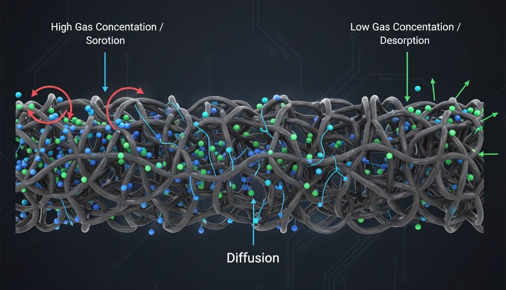 O diagramă moleculară ilustrează "Mecanismul soluție-difuzie" al permeabilității gazelor și vaporilor prin materialele de etanșare. În partea stângă, o zonă cu "concentrație mare de gaz / sorbție" prezintă numeroase molecule de gaz (sfere albastre și verzi) care interacționează cu structura polimerică densă, împletită a garniturii. Săgețile roșii indică moleculele de gaz care se dizolvă în material. În centru, săgețile albastre arată "Difuzarea" moleculelor prin matricea polimerică. În dreapta, o zonă de "Concentrație scăzută de gaz / Desorbție" prezintă săgeți verzi care indică ieșirea moleculelor de gaz din material. Această imagine explică vizual modul în care gazele pătrund în elementele de etanșare la nivel molecular.