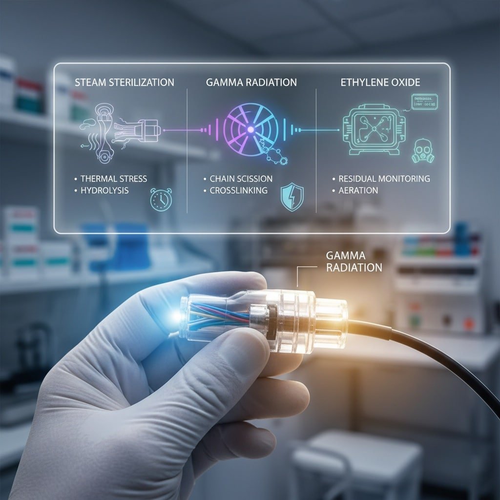 Eine medizinische Fachkraft in einer sterilen Laborumgebung hält eine transparente medizinische Kabeldurchführung. Über der Hand zeigt ein leuchtendes holografisches Overlay drei Sterilisationsmethoden - Dampfsterilisation, Gammastrahlung und Ethylenoxid - mit einer Auflistung der wichtigsten Effekte für jede Methode: "THERMAL STRESS" und "HYDROLYSE" für Dampf, "CHAIN SCISSION" und "CROSSLINKING" für Gamma, und "RESIDUAL MONITORING" und "AERATION" für Ethylenoxid. Das Segment "Gammastrahlung" des Overlays leuchtet die Kabeldurchführung hell aus und hebt ihre Bedeutung in dem Artikel hervor.